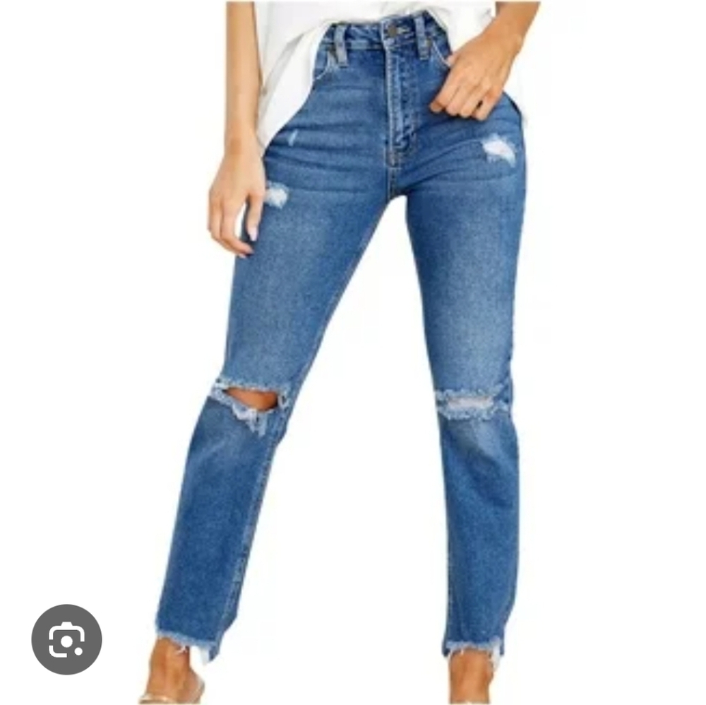 D Jeans / High Rise Distressed Raw Hem Skinny Straight Jeans / Size 8